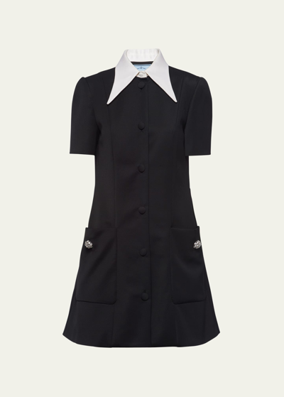 Shop Prada Collared Satin Wool Mini Dress In F0002 Nero