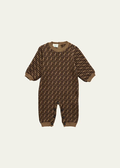 Shop Fendi Kid's Cashmere-blend Ff Knit Romper In F0lmj Brownn
