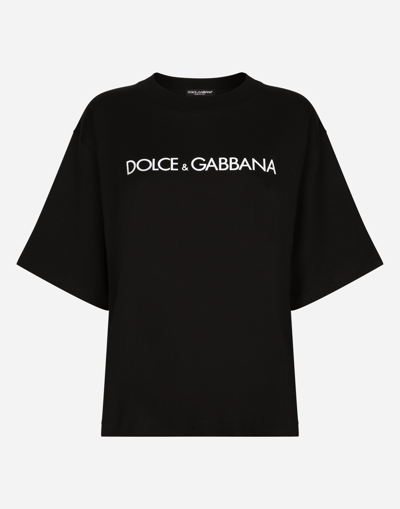 Dolce & Gabbana Black Oversized T-shirt With Logo Lettering Print In Cotton Woman In Black