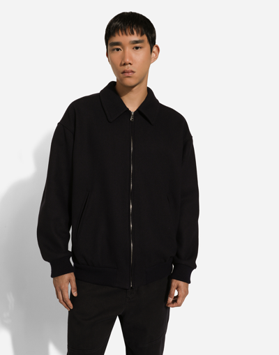 Dolce & Gabbana Logo-plaque Zip-up Bomber Jacket In Blue