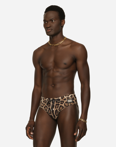 Shop Dolce & Gabbana Leopard-print Swim Briefs With High-cut Leg In Animal Print