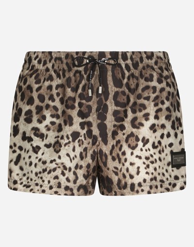 Shop Dolce & Gabbana Short Swim Trunks With Leopard Print In Animal Print