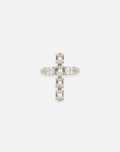 Shop Dolce & Gabbana Ring With Rhinestone-detailed Cross In Crystal