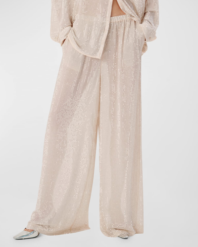 Shop Ronny Kobo Merrin Wide-leg Rhinestone Chiffon Pants In Light Nude