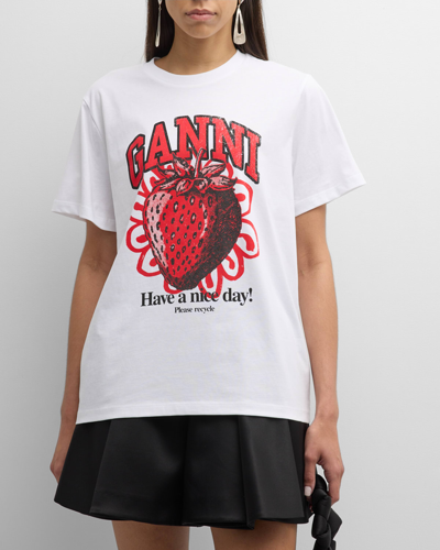 Shop Ganni Crewneck Jersey Strawberry T-shirt In Bright White