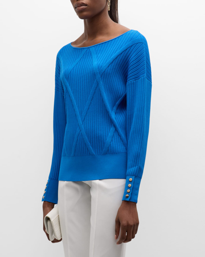 Shop Elie Tahari The Melinda Ribbed Scoop-neck Sweater In Blue Ribbon
