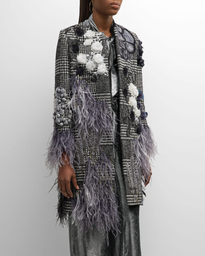 Shop Libertine Glam Rock Classic Top Coat With Feathers In Blkwh
