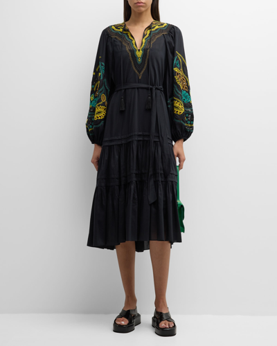 Shop Kobi Halperin Val Embroidered Blouson-sleeve Midi Dress In Black