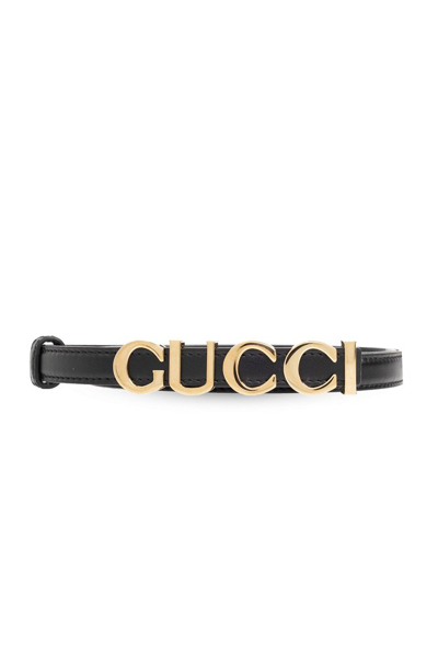 Shop Gucci Logo Lettering Plaque Thin Belt In Black