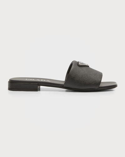 Shop Prada Calfskin Logo Flat Slide Sandals In Alabastro