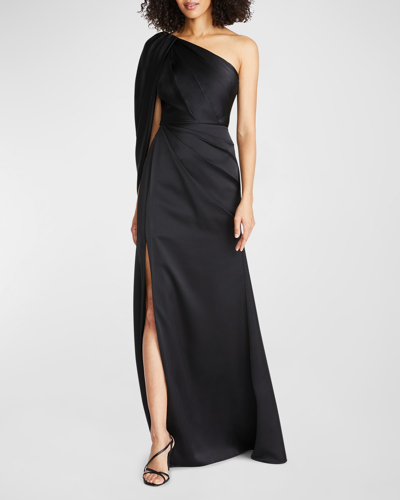 Shop Theia Tori Pleated One-shoulder Draped Gown In Black