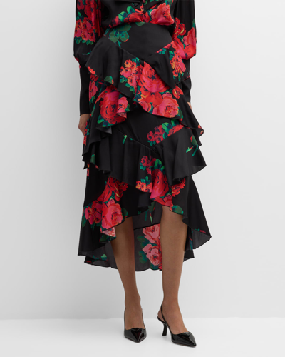 Shop Libertine Seville Rose Tiered Ruffle Midi Skirt In Blkmu