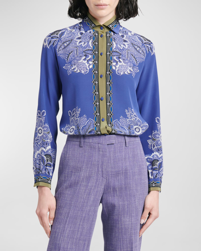 Shop Etro Bandana Border-print Long-sleeve Silk Blouse In Print On Blue Bas
