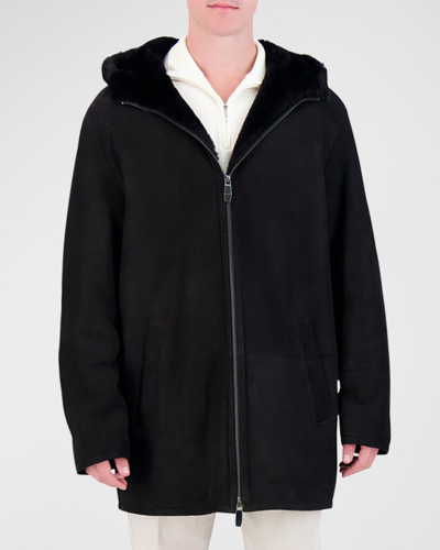 Shop Gorski Men's Shearling Lamb Hooded Parka Jacket In Black