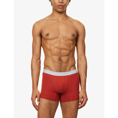 Shop Hanro Men's Red Ochre/fresh Grey Branded-waistband Mid-rise Pack Of Two Stretch-cotton Trunks In Multi-coloured