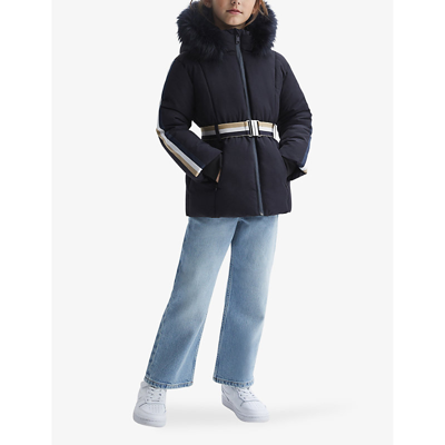 Shop Reiss Boys Navy Kids Cara Stripe-embroidered Hooded Quilted-shell Coat 4-14 Years