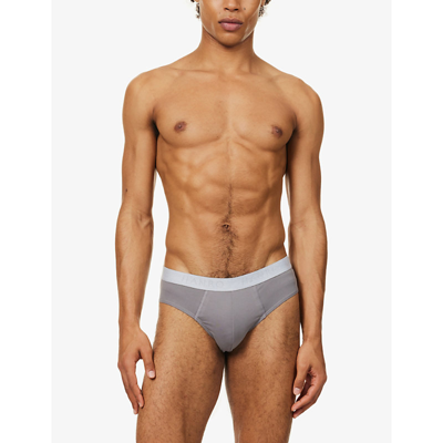 Shop Hanro Branded-waistband Mid-rise Pack Of Two Stretch-cotton Briefs In Red Ochre/fresh Grey