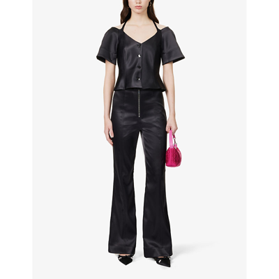 Shop Ganni Womens Black Satin-texture Straight-leg High-rise Stretch Recycled-polyester Trousers