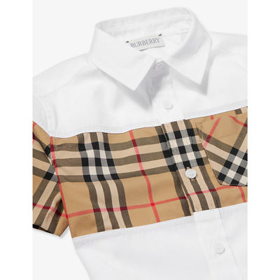 Shop Burberry White Devon Check-panel Regular-fit Stretch-cotton Shirt 6-24 Month