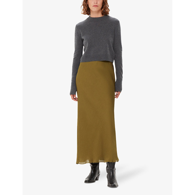 Whistles Bias-cut Satin Midi Skirt In Khaki/olive