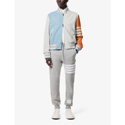 Shop Thom Browne Men's White Striped-trim Stand-collar Leather Bomber Jacket