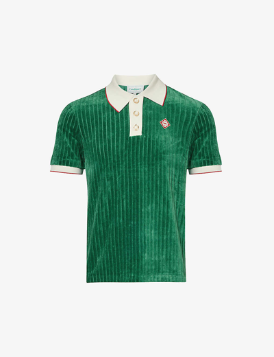 Shop Casablanca Men's Multi-coloured Logo-embroidered Stretch-velour Polo Shirt In Evergreen