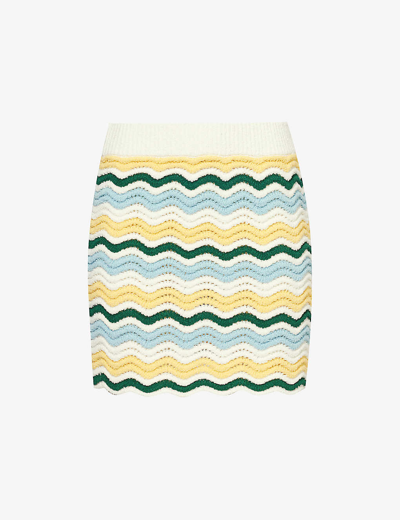 Shop Casablanca Women's Yellow Blue Bouclé Wave-knit Cotton-blend Mini Skirt