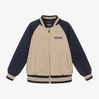 Shop Versace Boys Beige & Blue Cotton Bomber Jacket