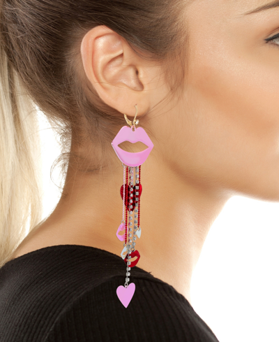 Shop Betsey Johnson Faux Stone Lips Chandelier Earrings In Pink,gold