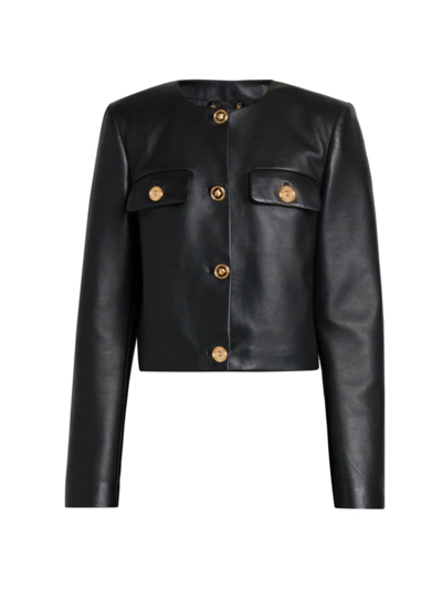Shop Versace Women's Faux Leather Collarless Jacket In Black