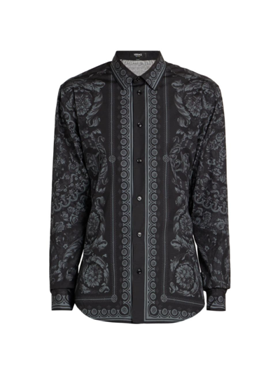 Shop Versace Men's Foulard Barocco Button-front Shirt In Black