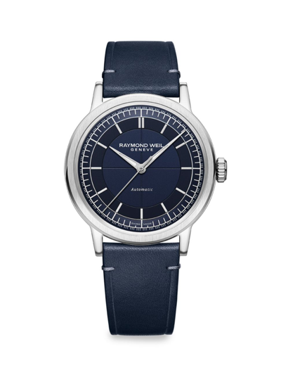 Shop Raymond Weil Women's Millesime Stainless Steel & Leather-strap Watch/39.5mm In Blue