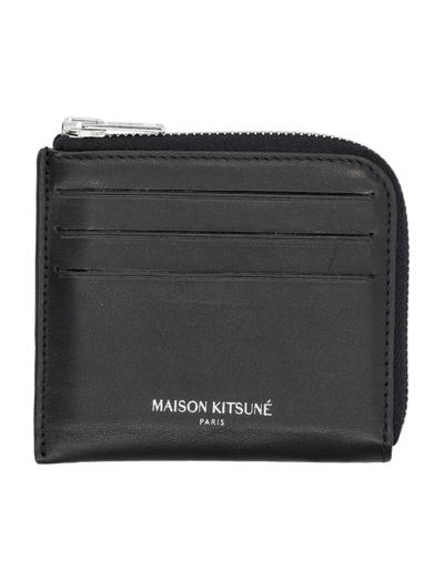 Shop Maison Kitsuné Logo Printed Zipped Cardholder In Black
