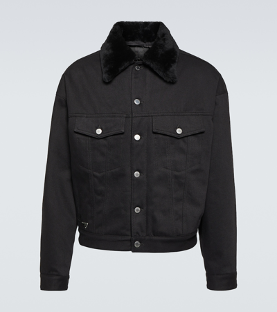 Shop Prada Shearling-trimmed Denim Jacket In Black