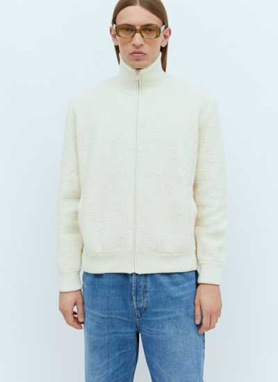 Shop Gucci Gg Felted Wool Knit Jacket In Cream