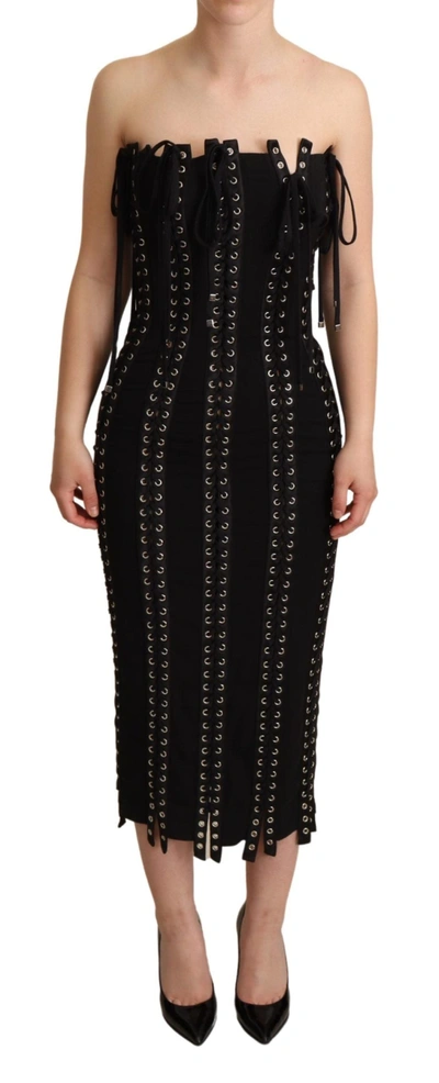 Shop Dolce & Gabbana Black Cady Sleeveless Lace Up Bodycon Dress