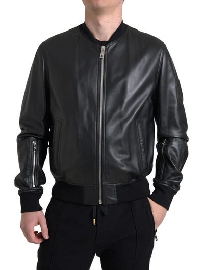 Shop Dolce & Gabbana Black Leather Full Zip Bomber Men Jacket