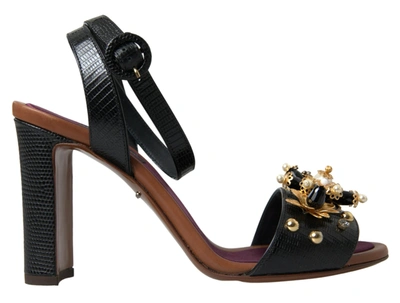 Shop Dolce & Gabbana Black Lizard Embossed Floral Pearls Sandals Shoes