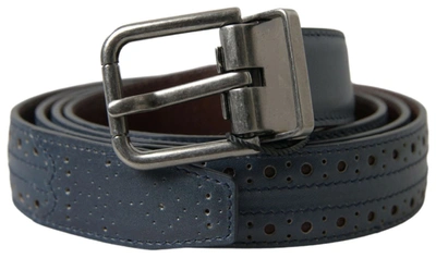Shop Dolce & Gabbana Blue Leather Perforated Metal Buckle Belt