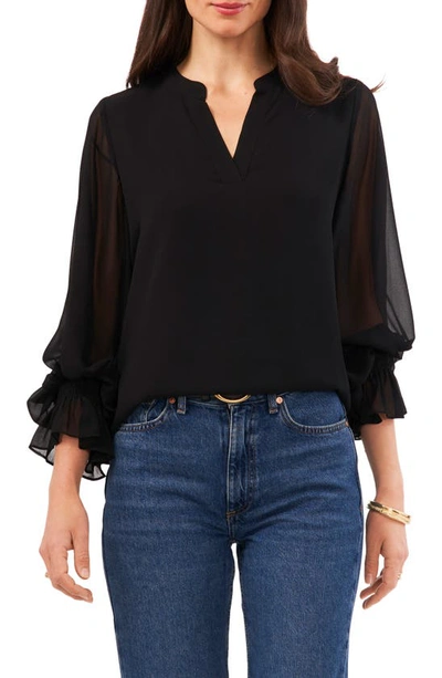 Shop Vince Camuto Ruffle Cuff Split Neck Top In Rich Black