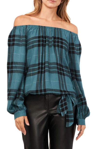 Shop Vince Camuto Metallic Plaid Off The Shoulder Top In Deep Forest