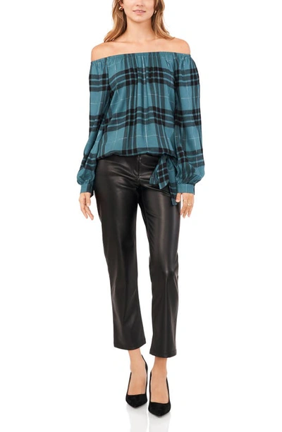 Shop Vince Camuto Metallic Plaid Off The Shoulder Top In Deep Forest