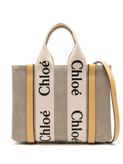 Shop Chloé Beige Woody Small Tote Bag In Brown