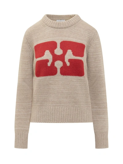 Shop Ganni Logo Sweater In Beige