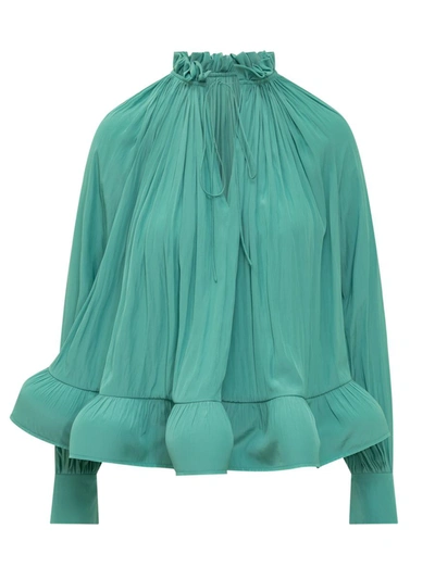 Shop Lanvin Ruffle Blouse In Charmeuse In Green