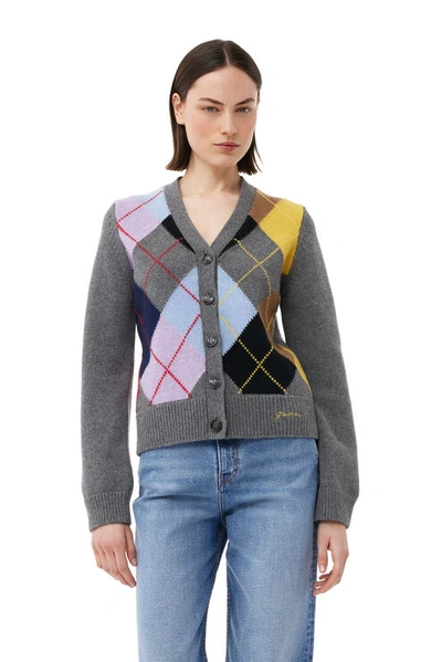 Shop Ganni Harlequin Wool Mix Knit Cardigan In Frost Gray