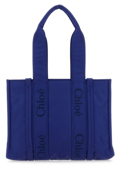 Shop Chloé Chloe Woman Electric Blue Nylon Medium Woody Shopping Bag