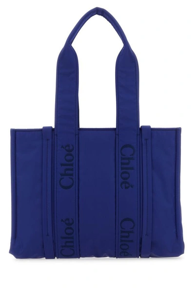 Shop Chloé Chloe Woman Electric Blue Nylon Medium Woody Shopping Bag