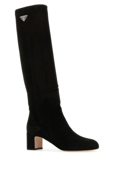 Shop Prada Women Tronchetti 55mm Knee-high Suede Boots In Black