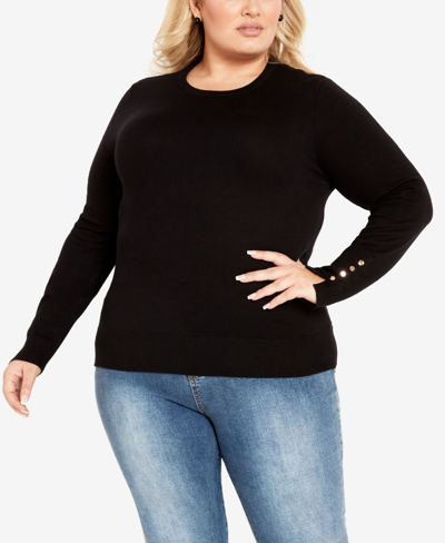 Shop Avenue Plus Size Lara Button Crew Neck Sweater In Black